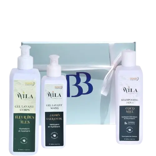 BOX CADEAU WILA COSMETICS  SHAMPOOING + GEL DOUCHE FLEUR DES ILES+ GEL MAINS